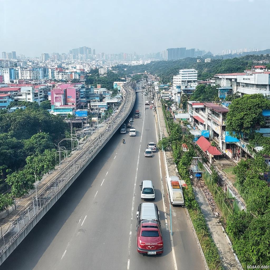 Khu vuc xung quanh cau cau tien chau o phuong tien chau voi cac cong trinh va cay xanh